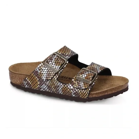 Birkenstock Arizona Sandals Python 2 Straps Brown Microfiber Snake Print Animal - Picture 1 of 15